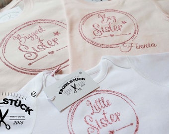 Biggest, Big Sister -T-Shirt +Babybody für Geschwister.Perfektes Geschenk zur Geburt. Süßes Outfit für Fotoshooting Mit Namen,freie Farbwahl