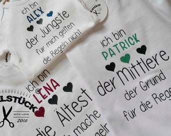 Älteste/Mittlerer/Jüngste Geschwister-T-Shirt oder Babybody für Geschwister.Perfektes Geschenk zur Geburt. Süßes Outfit für Fotoshooting.