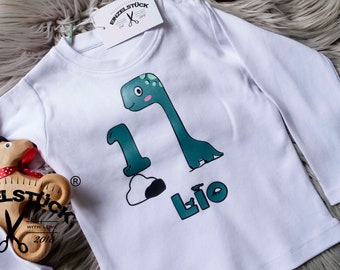 Cute dino birthday shirt for boys and girls. Short or long sleeve. Personalized with name and year