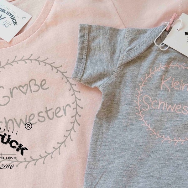 Große + kleine Schwester Body und  Mädchen-T-Shirt fürGeschwister. Perfektes Geschenk zur Geburt. Süßes Outfit fürs Fotoshooting. Mit Namen.