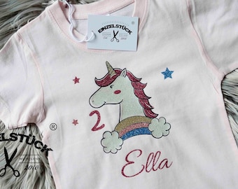 Unicorn birthday shirt for girls personalized with glitter and name