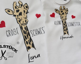 Süße Giraffenshirts für Große Schwester und kleine Schwester Geschwister Body oder/undT-Shirt für Geschwister. Auf Wunsch mit Namen(kostenlo