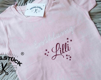 Schönes Glitzer Schulkind T-Shirt zur Einschulung für Mädchen und mit Sternchenund Namen personalisiert