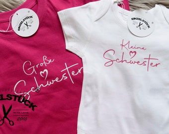 Große + kleine Schwester Body und  Mädchen-T-Shirt fürGeschwister. Perfektes Geschenk zur Geburt. Süßes Outfit fürs Fotoshooting. Mit Namen.