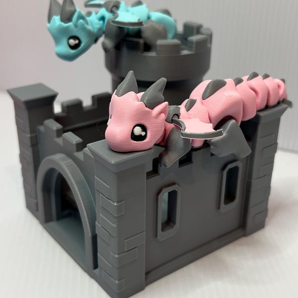 Articulating Dragon with Castle | 3D Printed Fantasy Figurine Set – Pink or Blue