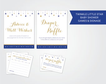 Twinkle Little Star Navy & Gold Baby Shower Games | Printed or Digital File | Advice Cards | Diaper Raffle