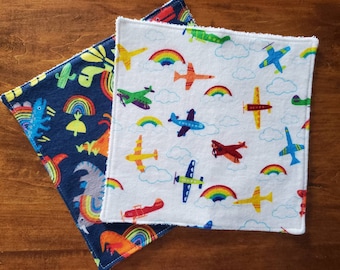 baybeelove washcloth set: rainbow airplanes and rainbow dinosaurs! rainbow baby gift!