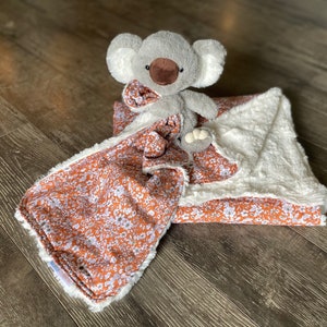Faux Fur Minky Rust Floral Boho Baby Blanket and Koala Lovey