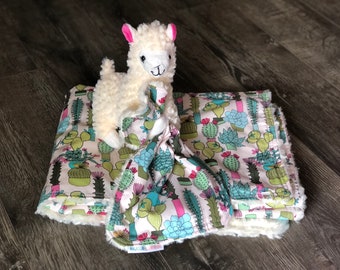 Cactus and Cream Llama themed faux Fur Baby blanket and Lovey / security blanket / stuffed toy