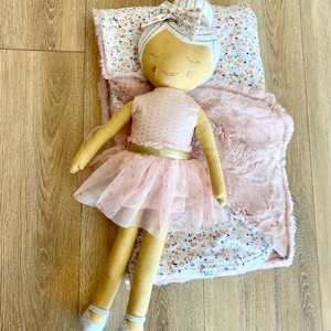 Floral pattern cotton fabric and faux Fur Baby blanket with Matching Cloth ballerina Doll / stuffed toy