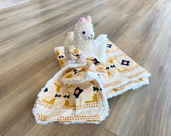 Tribal Aztec and Cream Llama themed faux Fur Baby quilt / blanket and Lovey / security blanket / stuffed toy