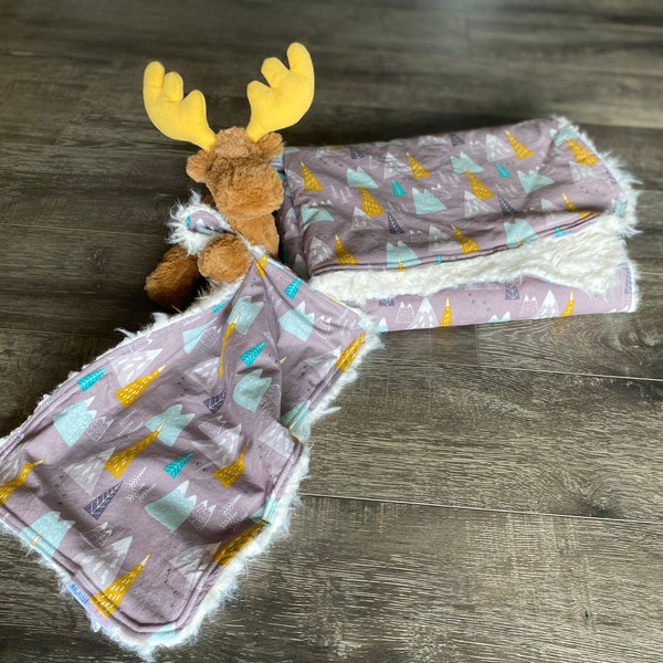 Mountains Luxery Faux Fur Baby Blanket Quilt and Moose Lovey / security blanket / stuffed toy / unisex boy