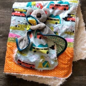 Unisex Gender Neutral Luxery Faux Fur Baby Blanket Quilt and koala Lovey / security blanket / stuffed toy