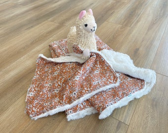 Floral Boho rust faux Fur Baby quilt / blanket and Llama Lovey / security blanket / stuffed toy
