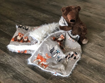 Unisex Bear Woodland faux Fur Quilted Baby blanket and Lovey