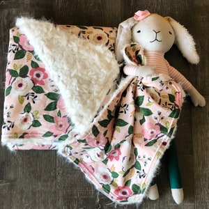 Magnolia and Cream faux Fur Baby blanket and bunny rabbit Lovey / security blanket / stuffed toy