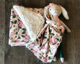 Magnolia and Cream faux Fur Baby blanket and bunny rabbit Lovey / security blanket / stuffed toy