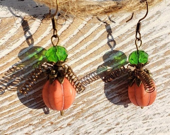 Pumpkin Earrings, Festive Fall Jewelry, Thanksgiving Holiday Jewelry, Orange Pumpkins, Cute Dangling Pumpkin Earrings, Fall Earrings