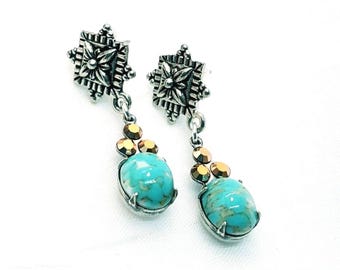 Turquoise Stone Dangle Earrings, Antique Silver Vine Leaf, Handmade