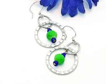 Hoop Earrings with faceted bead dangle within silver link | Green and Blue, Seahawk colors, Boho Chic