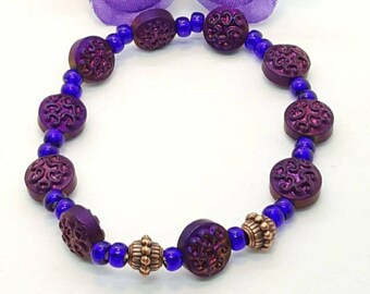 Purple Bracelet set, Czech Beaded jewelry, blue Boho Jewelry, bohemian bracelet, bracelet and earrings, boho chic, stretch bracelet, set