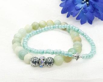 Amazonite bracelet, Stone Silver beads, boho jewelry for women, Boho Hippie, yoga jewelry, stacking jewelry, 8mm amazonite beads, lite green