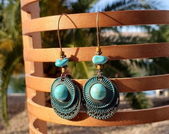 Boho Earrings, turquoise dangle earrings, medallion earrings, boho chic,