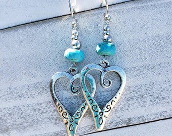Heart Earrings, Silver Heart Earrings, Women's Jewelry, dangle jewelry, turquoise beads, gift for sister, Romantic Anniversary Earring
