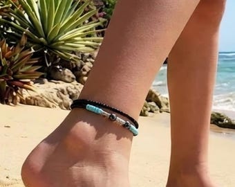 Turquoise Heishi Bead Anklet, Southwest Boho Style, Stretch Jewelry