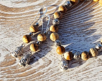 Beaded Buddha Bracelet, Natural Picture Jasper Stone - Calming Yoga Bracelet, Meditation Jewelry, Stress Relief Bracelet Set, Buddha Charms