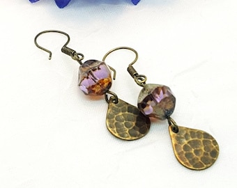 Purple Antique Brass Dangle Earrings, Purple Picasso 12mm Bead Earrings, vintage style earrings, handmade earrings, drop earrings