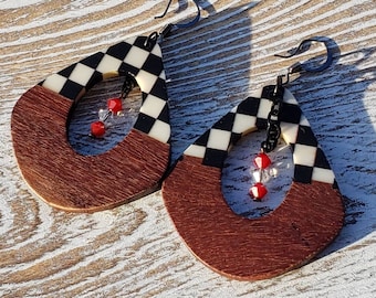 Checkerboard Wood and Resin Earrings, black and while resin, Dangle Earrings, unique design, dangle earrings, Dr. Who