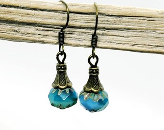 Czech Glass Bead Earrings, Teal Earrings, Picasso Faceted Beads, Handmade Earrings, Antique brass beads, small dangle earrings, minimalist