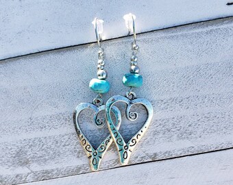 Heart Earrings, Open Heart Earrings, Women's Jewelry, dangle jewelry, turquoise beads, gift for nana, gift for sister, anniversary gift