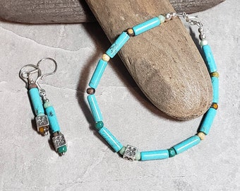 Turquoise Bracelet, BOHO Turquoise jewelry, genuine turquoise jewelry set, stacking bracelet and earrings, flower beads