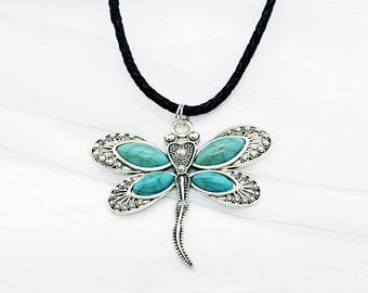 Dragonfly Turquoise Necklace, long southwest necklace, turquoise necklace, 60mm x 53mm dragonfly pendant, leather necklace