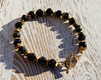 Black Beaded Bracelet,Faceted Crystal Bracelet, Hand Accessories Jewelry Gold accents, women's jewelry, Black and Gold jewelry, work jewelry