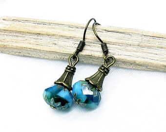 Teal Earrings, Women's Earrings,  Unique Heart Bead, Picasso Heart Faceted Beads, Antique brass beads, small dangle earrings, heart earrings