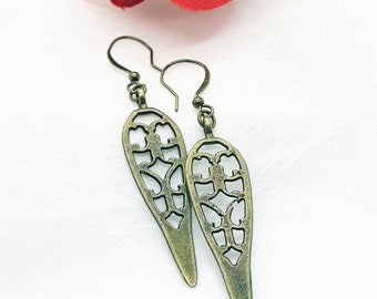 Antique Brass Filigree Earrings, Boho Teardrop Dangle Earrings, Vintage Inspired Jewelry, Bohemian Drop Earrings for Women, Gift for Her