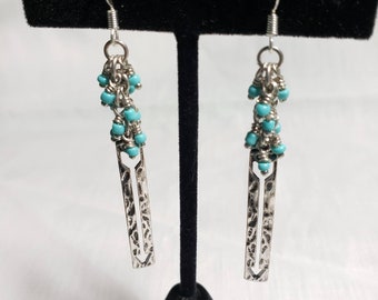 Beaded Turquoise Arrow Earrings, turquoise glass tassel, beaded dangle jewelry, medieval art