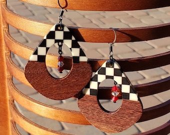 Wood and Resin Earrings, black and while checkerboard resin, Dangle Earrings, unique design, dangle earrings, Dr. Who