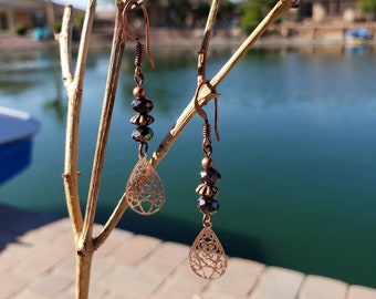 Copper Filigree Drop Earrings, Tear Drop Dangle, Boho Earrings, rose copper filigree, victorian style, anniversary gift, gift for her, boho