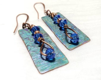 Patina Copper earrings, Athena Ancient Patina Rectangle, Blue crystal rondels, hammered copper, handmade patina jewelry, dangle earrings,