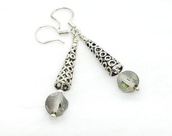 Silver Dangle Cone and Bead Earrings, Vintage Swarovski Frosted Polka Dot Bead, Drop Dangle Earrings, Silver Cone Vintage Style Earrings