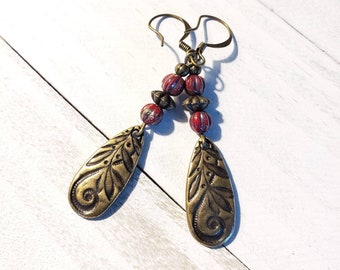 Drop Earrings , Antiqued Gold, dangle jewelry,  Bohemian Boho, Birthday gift, minimalist jewelry, curls swirls, red and gold, boho earrings