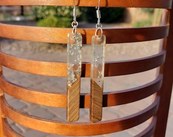 Silver Flake Earrings, Wood and Resin, Silver Dangle Earrings, Long Dangle Earrings, rustic design, bohemian earrings, resin earrings