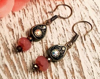 Vintage Style Drop Earrings, Rosewood Czech rondelles, antique gold crystal scroll drop, small earrings, itty bitty, handmade