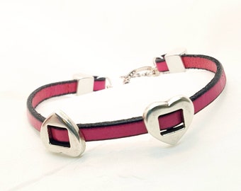 Leather Heart Bracelet, Pretty Pink  European leather bracelet, 5mm leather, heart toggle closure, Stack jewelry, Women's gift