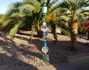 Suncatcher, Prism Crystal Suncatcher, Rearview Car charm, Window Décor, Car Hanging Suncatcher, Light Catcher, Green and Blue, Plant pendant