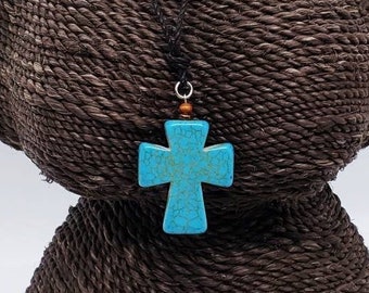 Turquoise Necklace with Cross pendant, Wood heishe, gunmetal beads, Turquoise Leather necklace, statement necklace